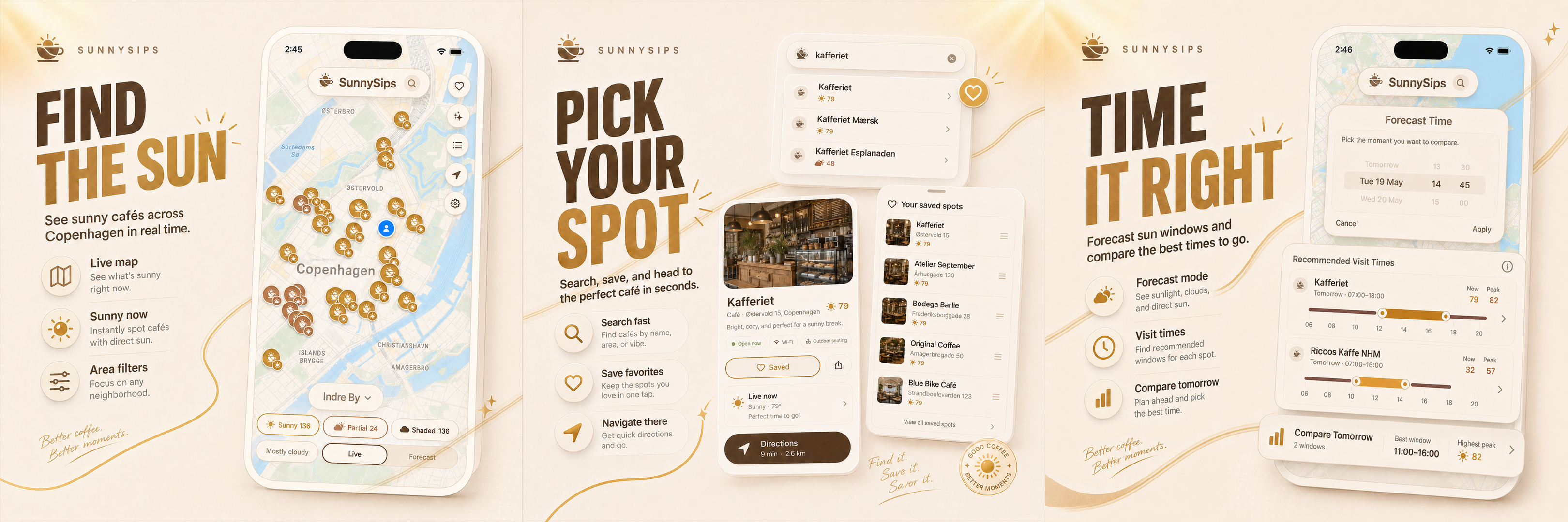 SunnySips product overview showing live map, discovery, and forecasting