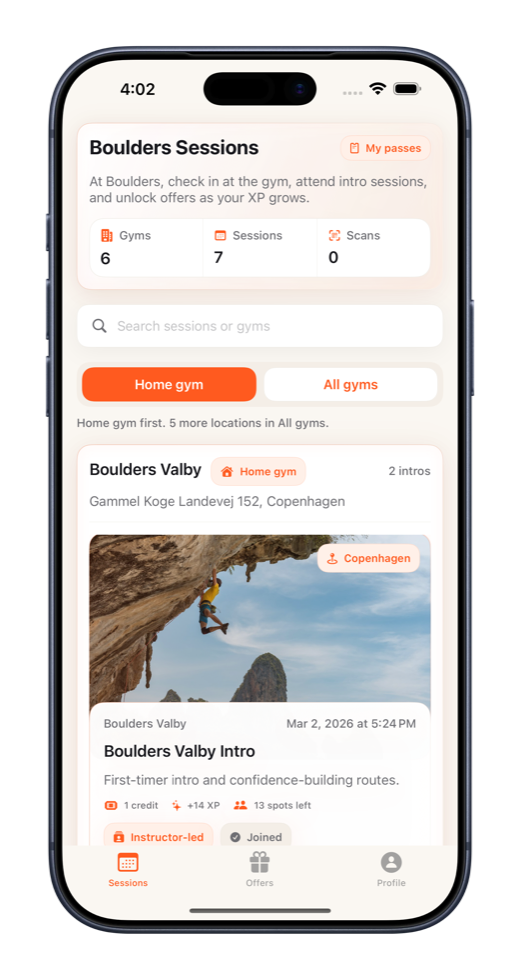 TRYBE Boulders Sessions mobile interface